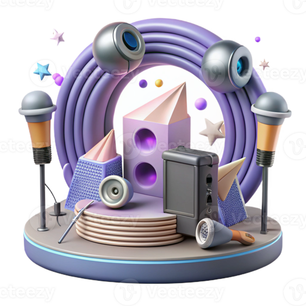 vibrant rustic Concert Stage with Wireless Microphones and Receivers Cutout for Audio Technology high resolution png