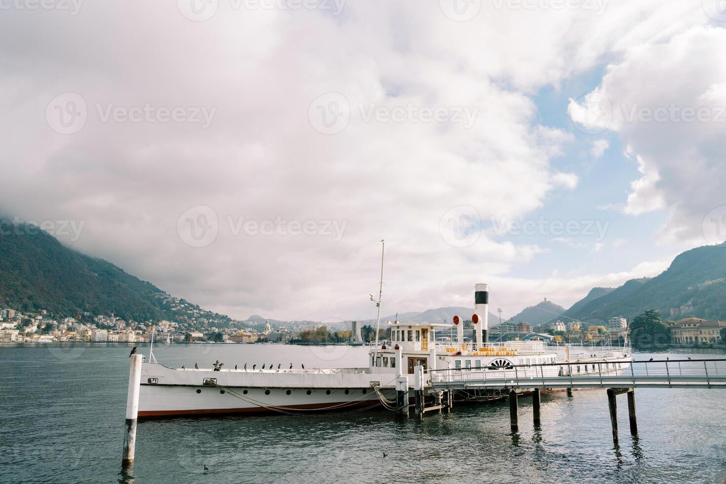 Birds sit in a row on the historic steamship Victoria moored near the pier. Lake Como, Italy photo