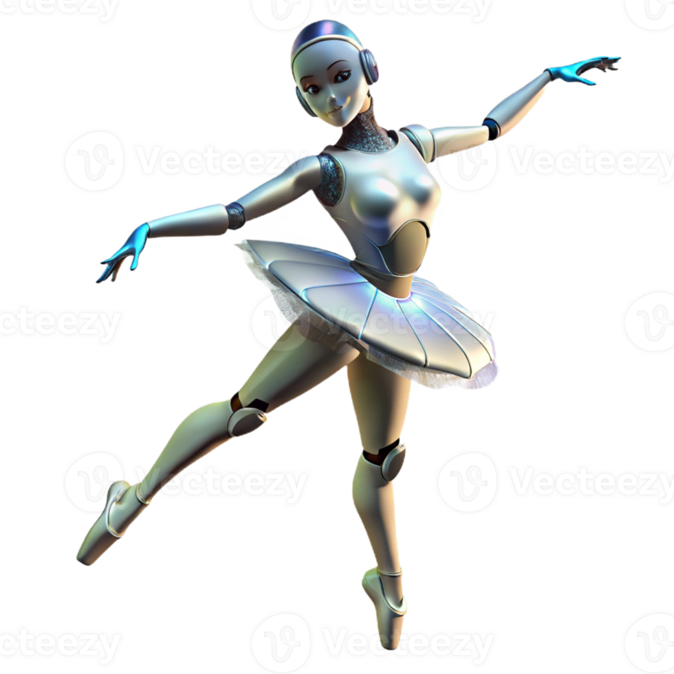 vibrant contemporary A robotic ballerina gracefully posed mid-air, illuminated by theatrical lighting, in a classical ballet style high resolution png