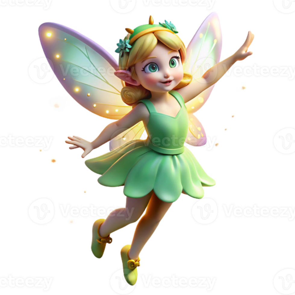 serene rustic A whimsical fairy with iridescent wings and a flower crown, dancing among glowing fireflies, in a magical forest. Children's book illustration style, soft lighting genuine png