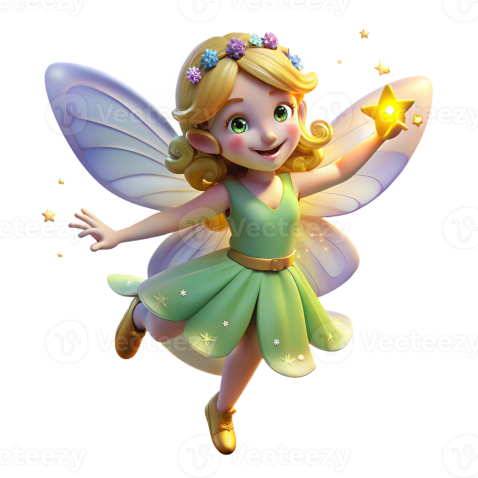 elegant vintage A whimsical fairy with iridescent wings and a flower crown, dancing among glowing fireflies, in a magical forest. Children's book illustration style, soft lighting premium png