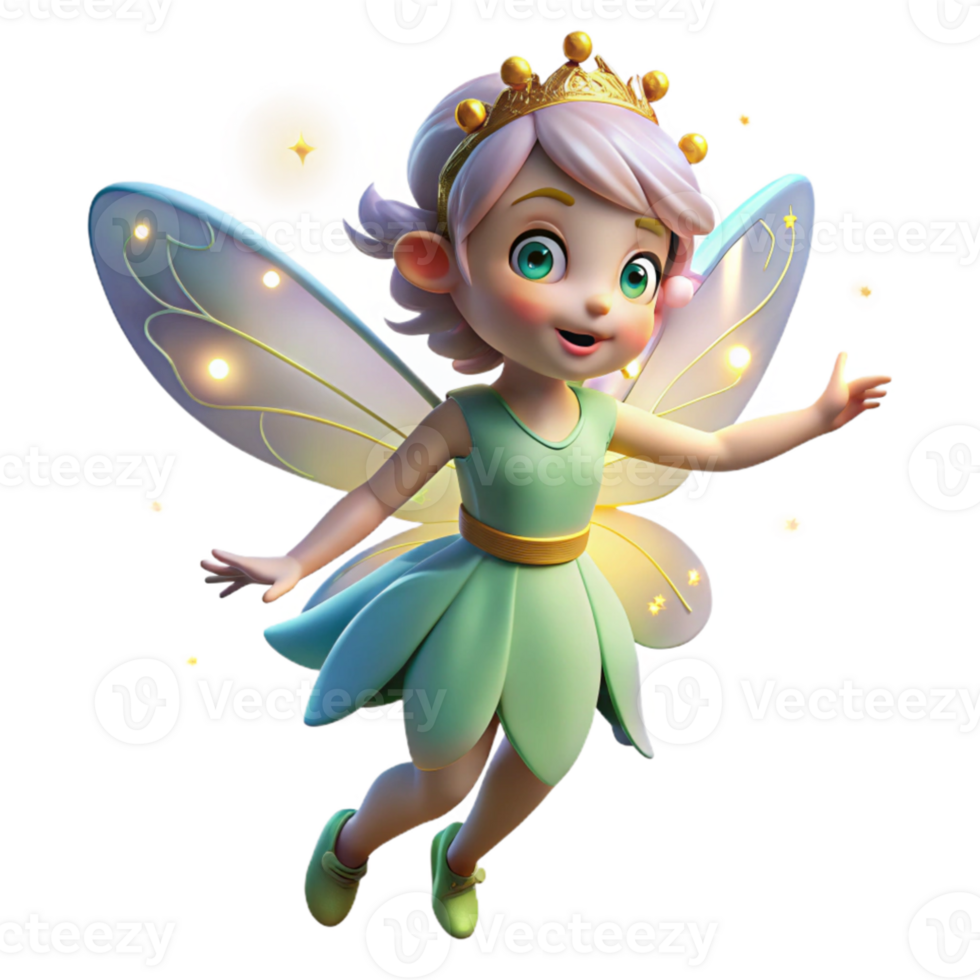 elegant traditional A whimsical fairy with iridescent wings and a flower crown, dancing among glowing fireflies, in a magical forest. Children's book illustration style, soft lighting 4K png