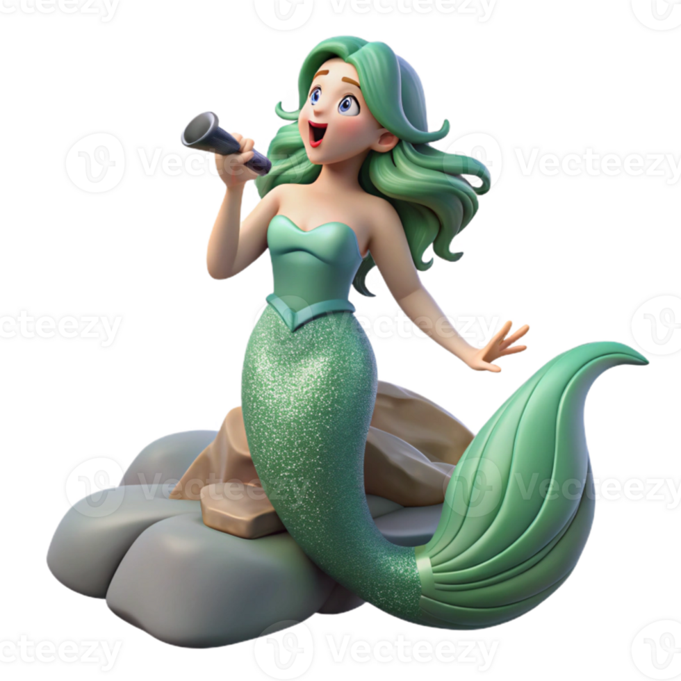 serene contemporary A beautiful mermaid with flowing green hair and a shimmering tail, singing a haunting melody, on a rocky shore. Art Nouveau style, soft lighting 4K png
