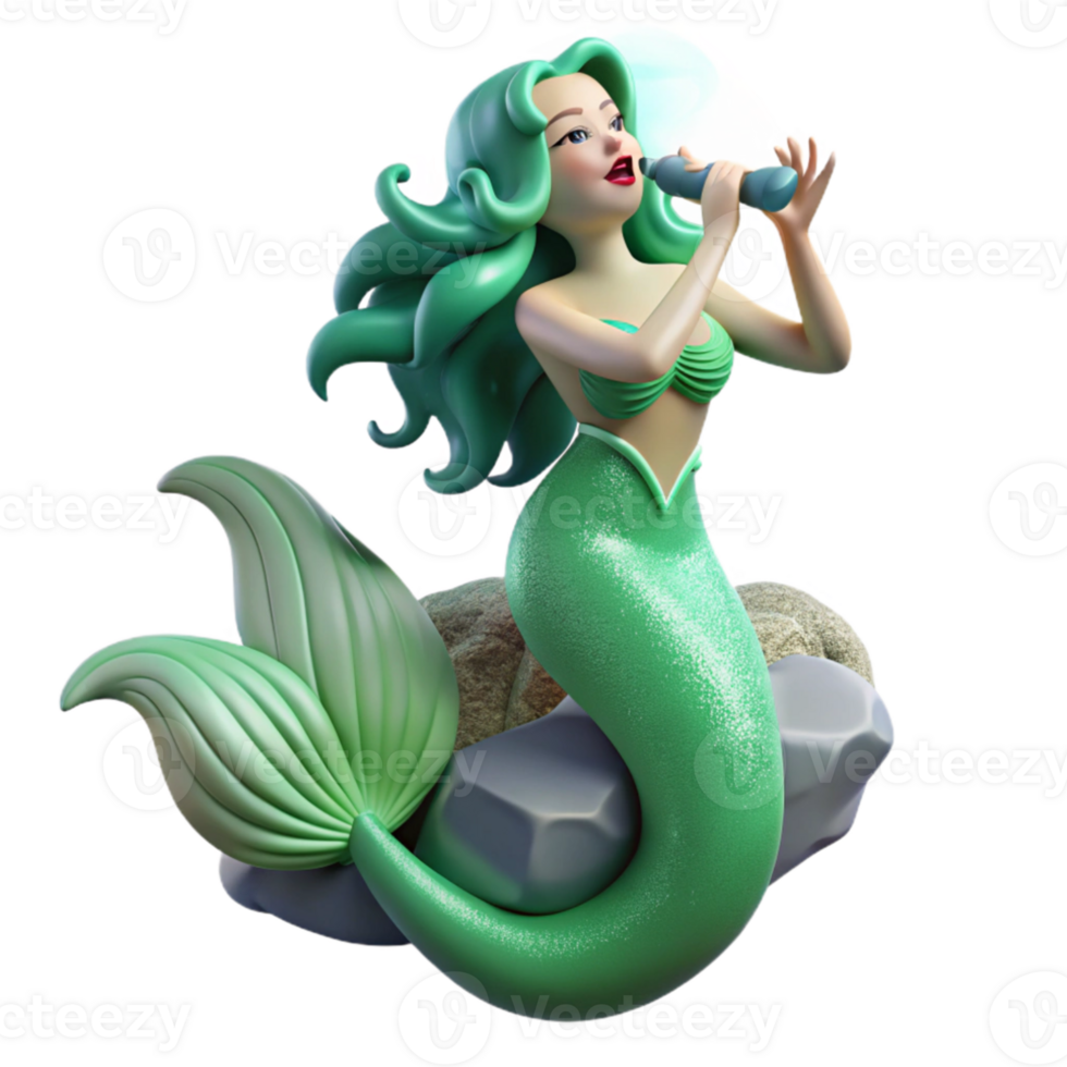 extraordinary abstract A beautiful mermaid with flowing green hair and a shimmering tail, singing a haunting melody, on a rocky shore. Art Nouveau style, soft lighting genuine png