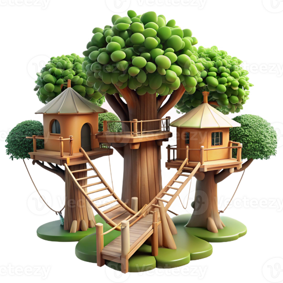 dramatic creative Treehouse village interconnected by rope bridges, lush foliage, dappled sunlight, whimsical, original png