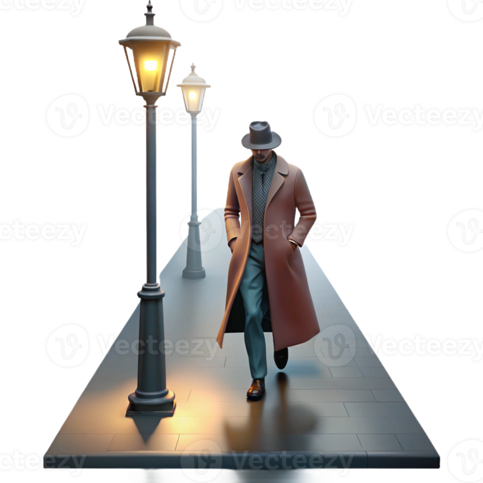 vibrant artistic A man in a trench coat walking down a foggy street, lit by a single streetlight, solitary noir atmosphere genuine png