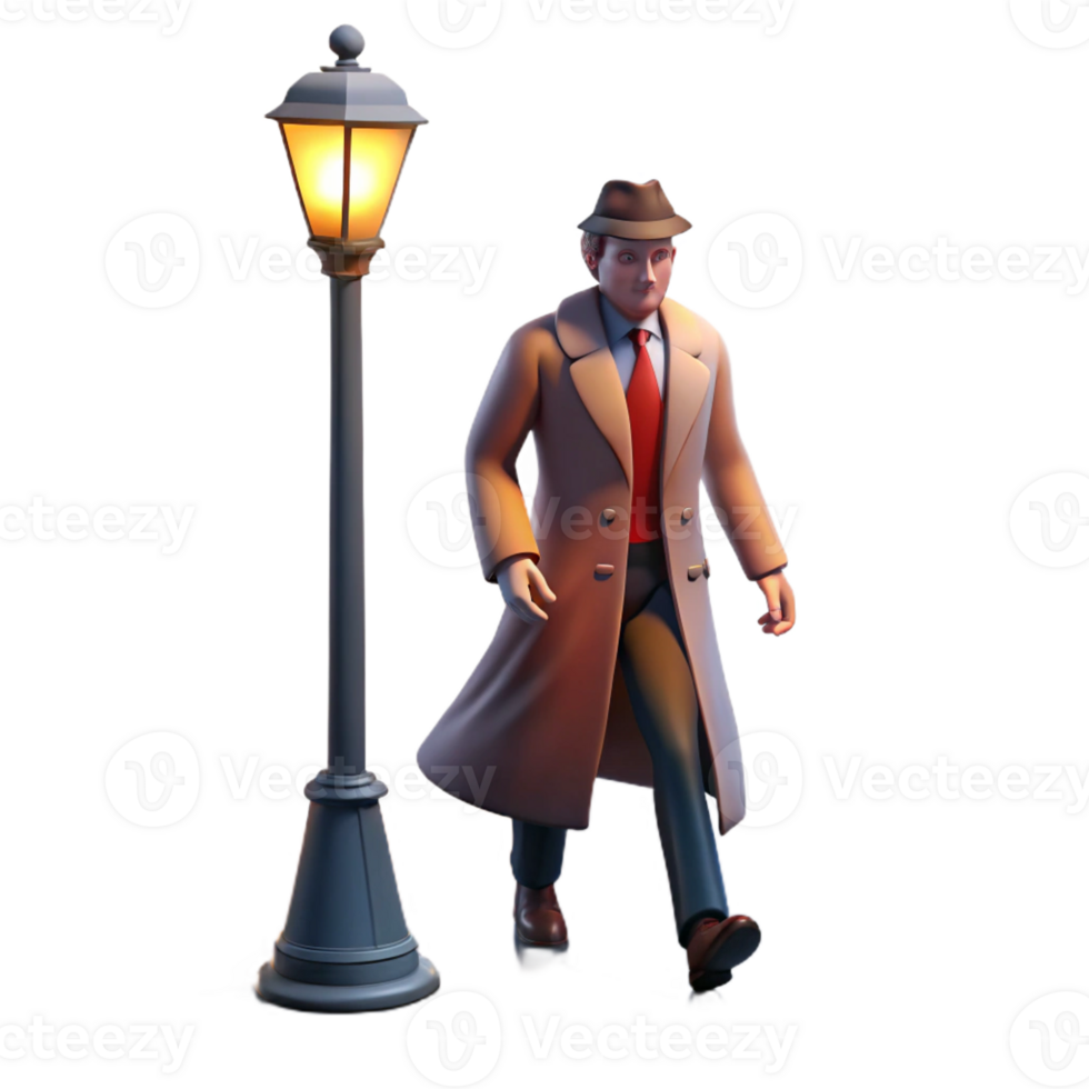 elegant artistic A man in a trench coat walking down a foggy street, lit by a single streetlight, solitary noir atmosphere detailed png
