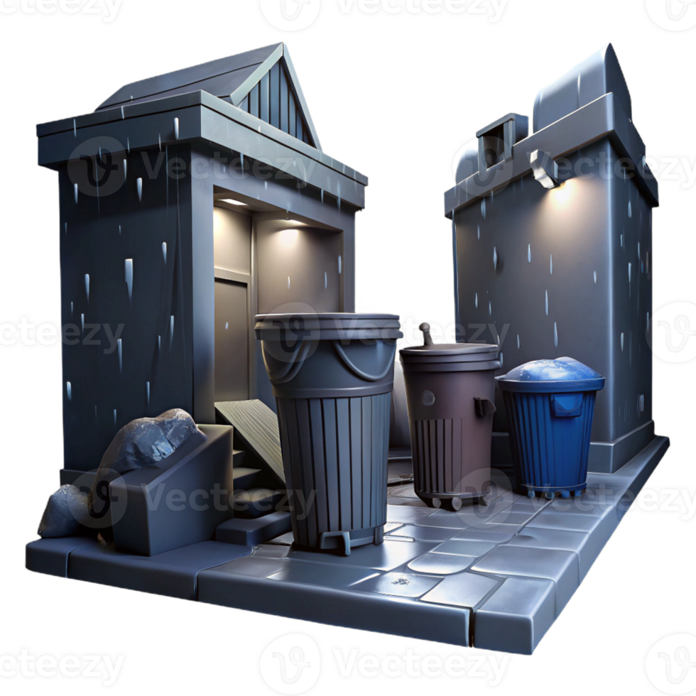 dramatic minimalist A dark alleyway with overflowing trash cans, rain streaking the walls, gritty urban noir scene exclusive png