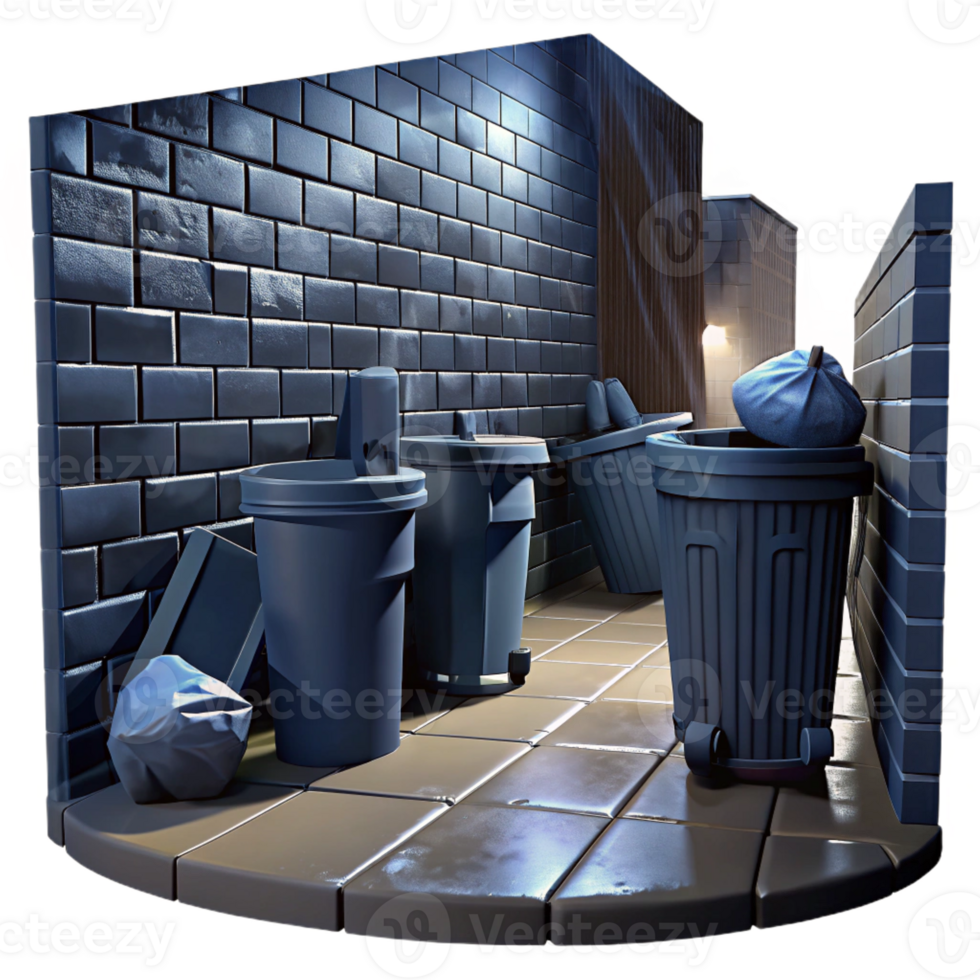 stunning minimalist A dark alleyway with overflowing trash cans, rain streaking the walls, gritty urban noir scene original png