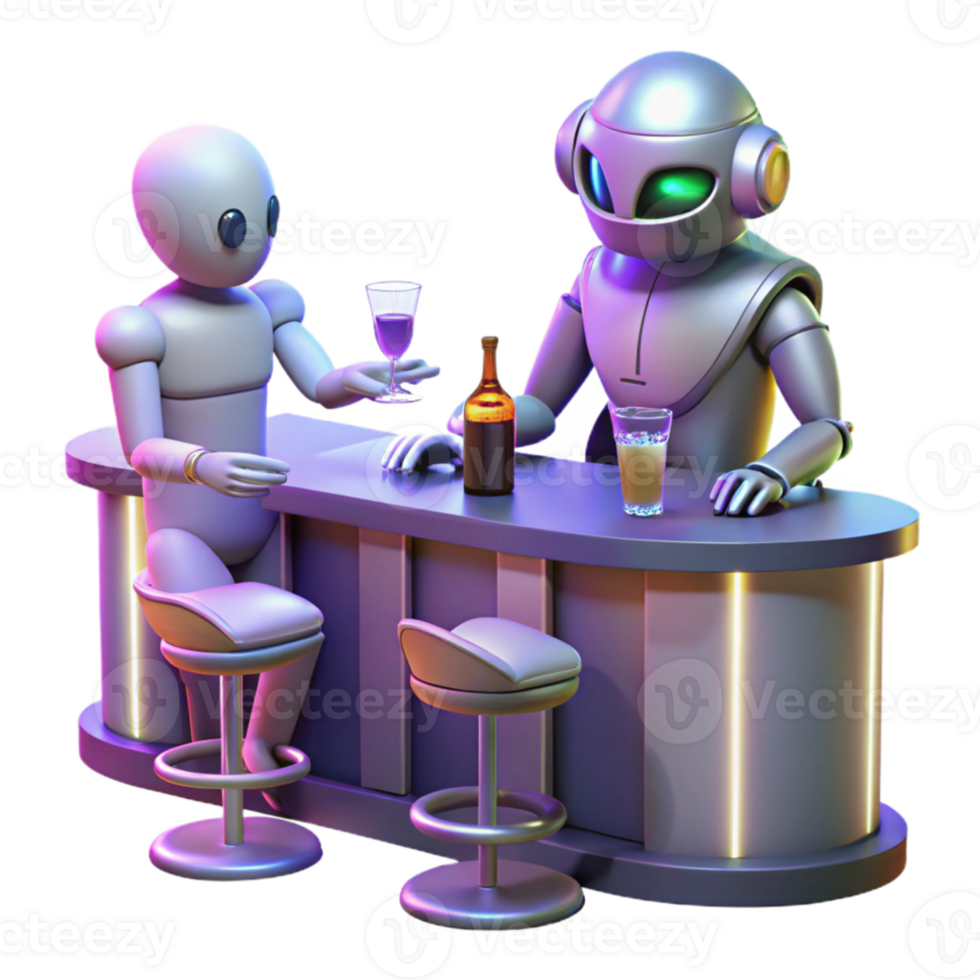 extraordinary contemporary A robotic bartender serves drinks to alien patrons in a futuristic bar. Dim, atmospheric lighting. Cyberpunk aesthetic premium png