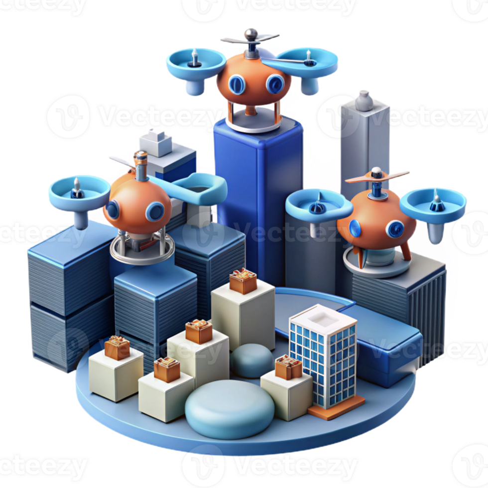 beautiful artistic A group of drones delivering packages in a futuristic city, aerial view, dynamic lighting, photorealistic style 4K png