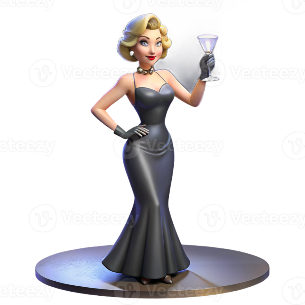 vibrant classic A femme fatale in a slinky dress, holding a cocktail glass, illuminated by a single spotlight, glamorous noir style authentic png