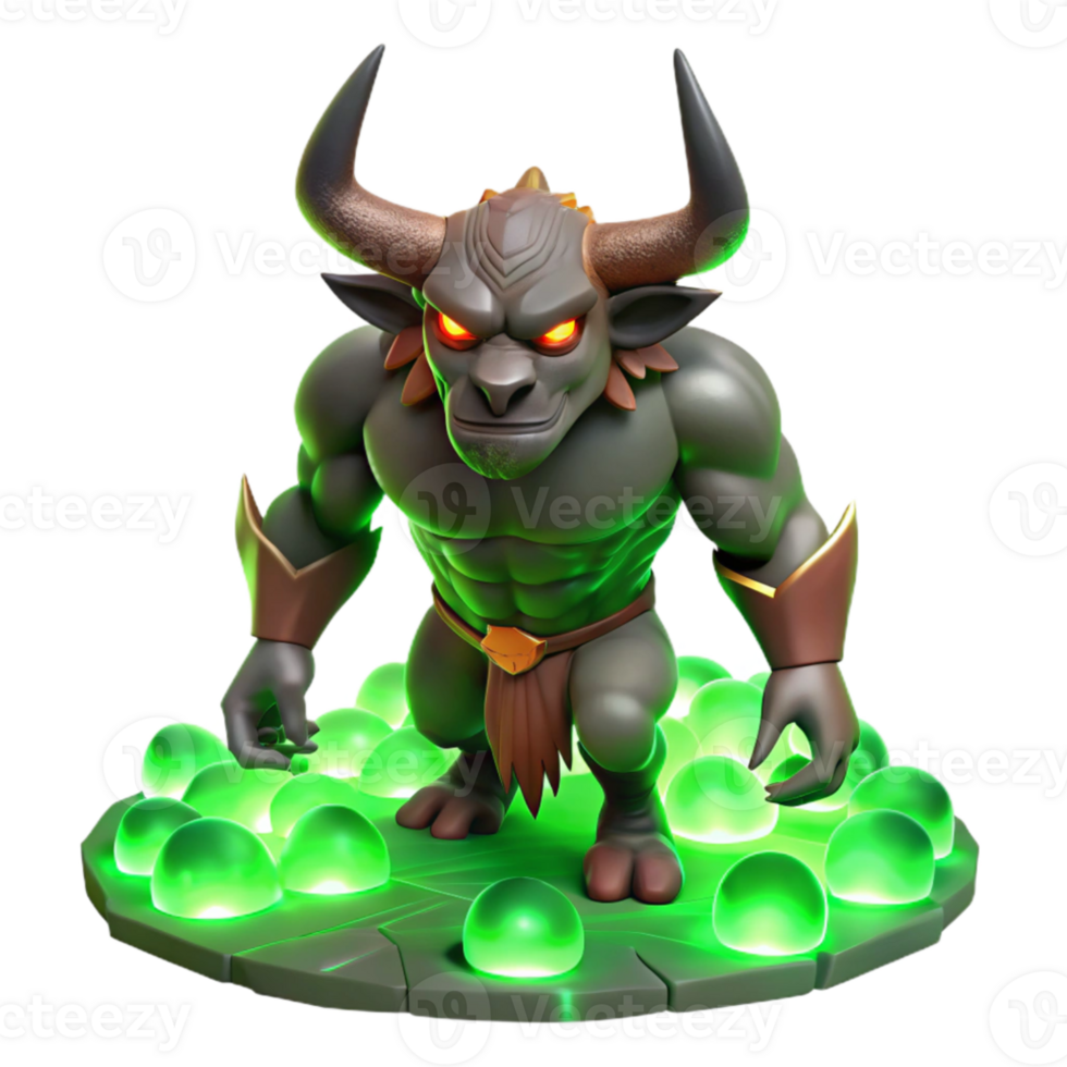 wonderful modern A powerful minotaur with glowing red eyes, trapped in a labyrinth of polished obsidian, lit by eerie green torches. Dark fantasy style high resolution png