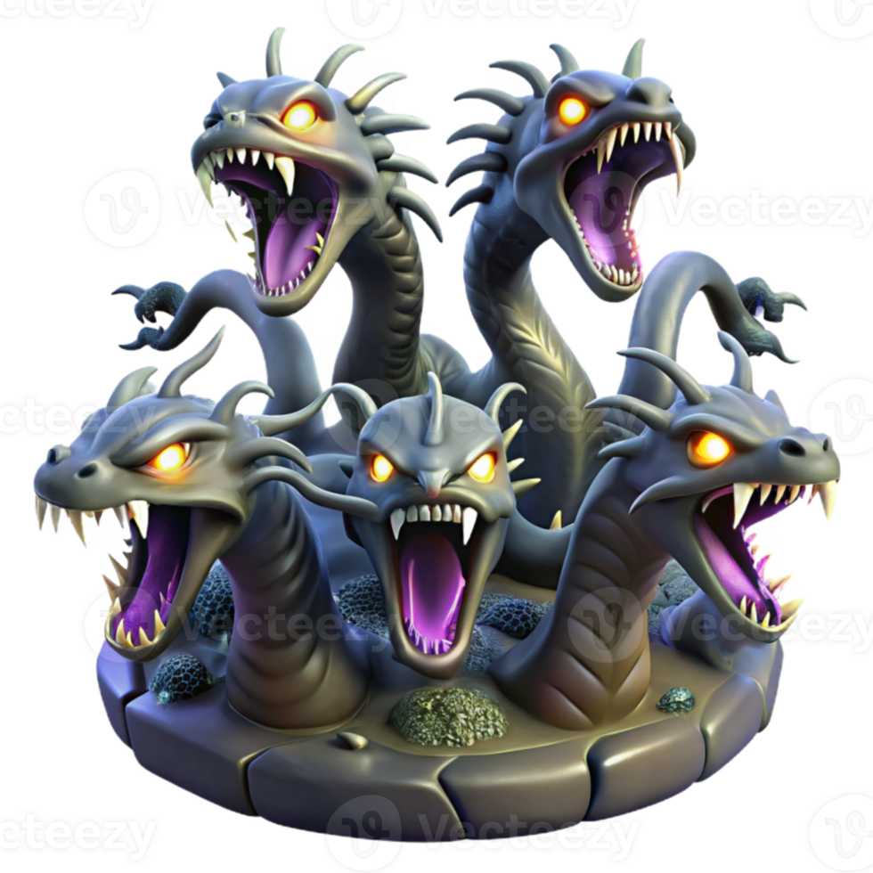 beautiful creative A menacing hydra with nine snarling heads, rising from a murky swamp, lit by flashes of lightning. Gothic style original png