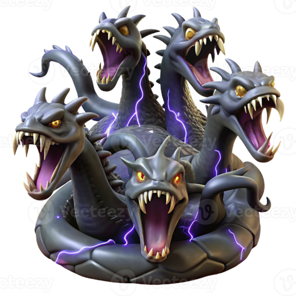beautiful creative A menacing hydra with nine snarling heads, rising from a murky swamp, lit by flashes of lightning. Gothic style professional png