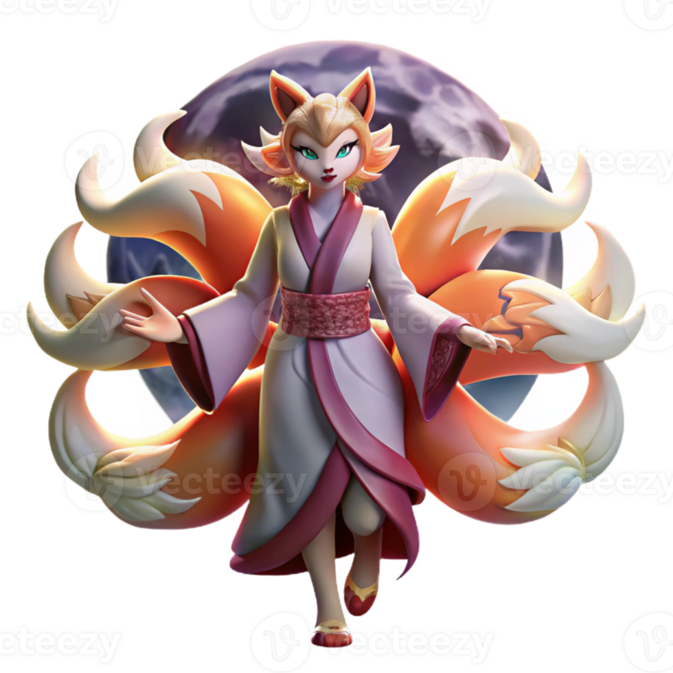 stunning creative A cunning kitsune with nine flowing tails, transforming into a beautiful woman under the light of a full moon. Ukiyo-e style original png