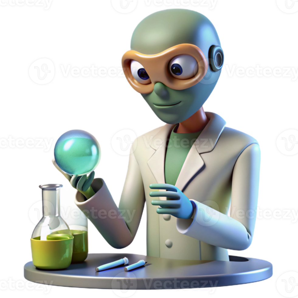 magnificent modern Alien scientist studying a human specimen, laboratory lighting, biological sci-fi style high resolution png