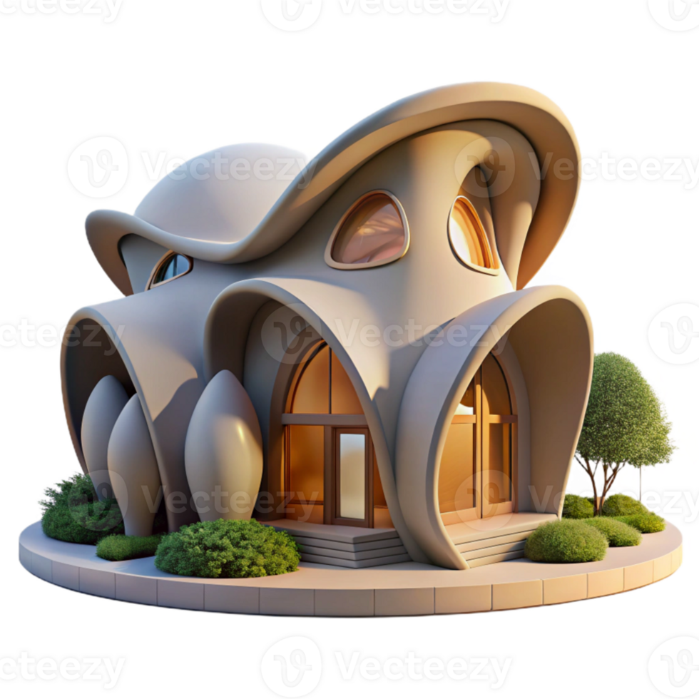 impressive artistic Organic architecture house, flowing curves, natural materials, dappled sunlight, art nouveau style, hyperrealistic render, 4K png