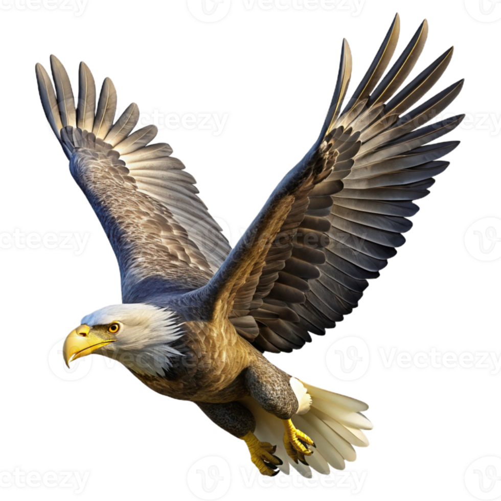 beautiful minimalist A majestic bald eagle soaring through the sky, with sharp focus on its feathers and eyes, photorealistic rendering genuine png