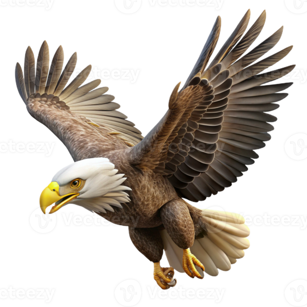 elegant classic A majestic bald eagle soaring through the sky, with sharp focus on its feathers and eyes, photorealistic rendering premium png