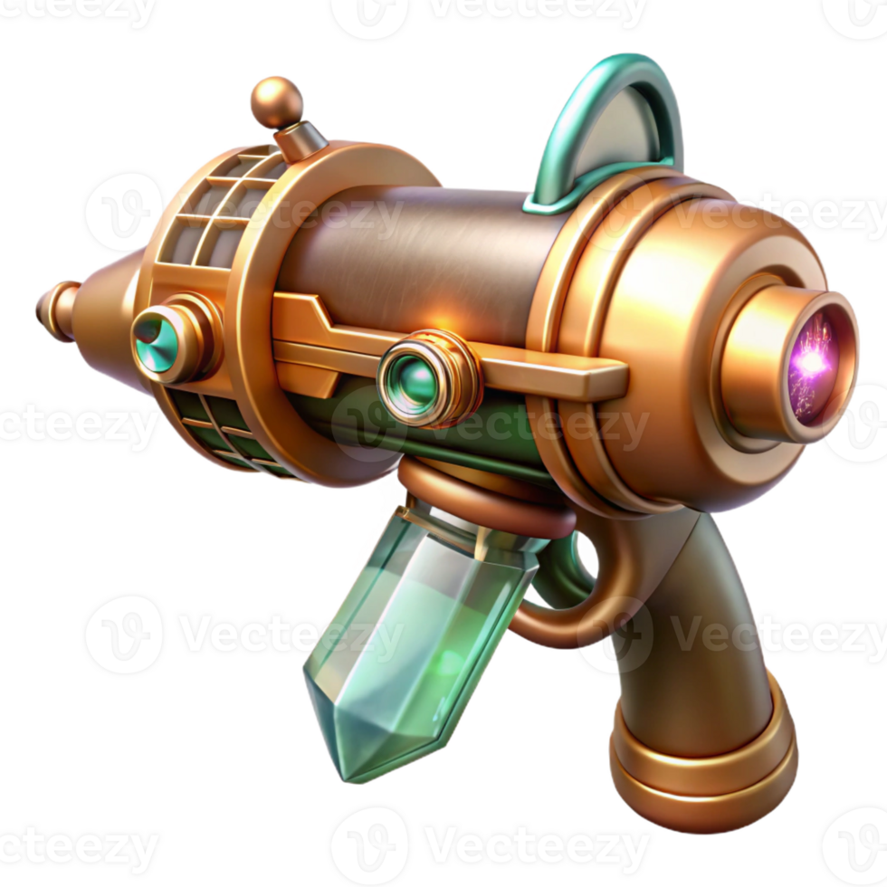 wonderful modern A steampunk ray gun with a glowing crystal core and intricate copper wiring, emitting a beam of energy. Retrofuturism style exclusive png