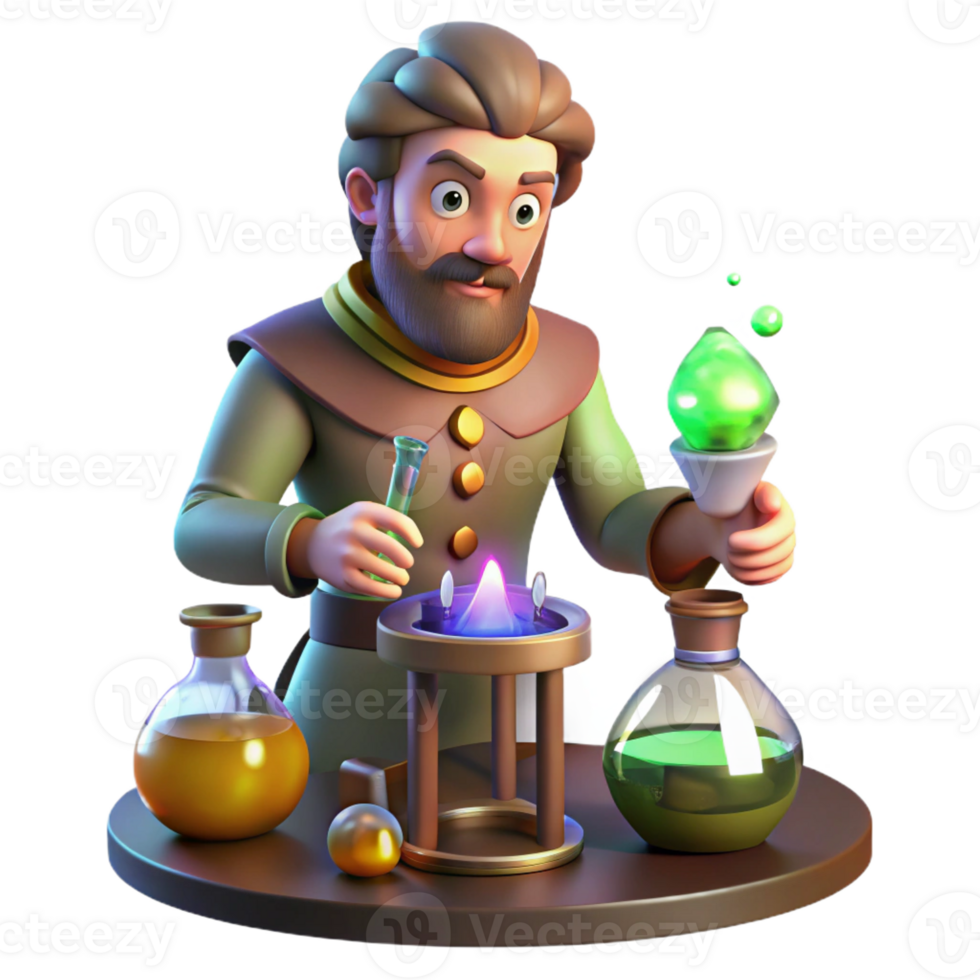dramatic rustic A medieval alchemist mixing potions in his laboratory, lit by the glow of his equipment. Mystical, fantasy art style professional png