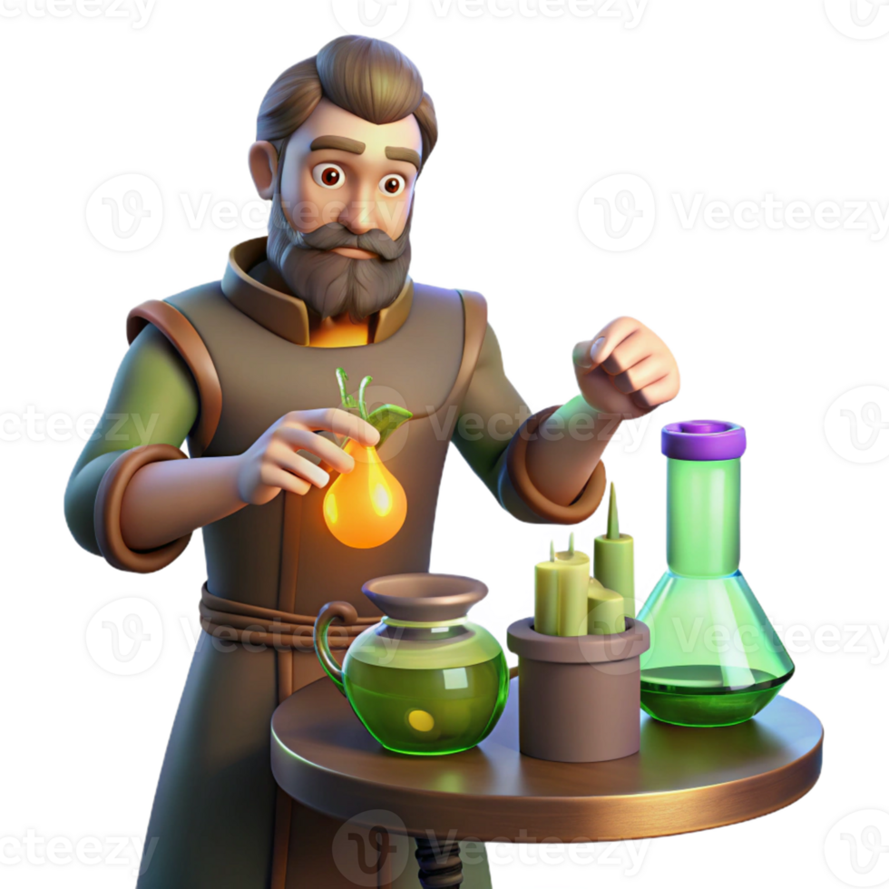 elegant classic A medieval alchemist mixing potions in his laboratory, lit by the glow of his equipment. Mystical, fantasy art style original png