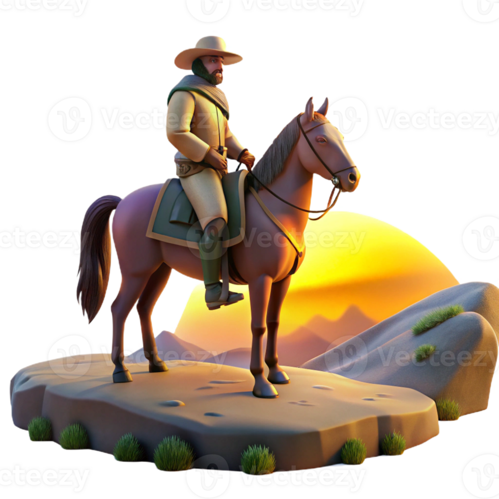 dramatic traditional A conquistador on horseback surveys a vast landscape, lit by the golden light of dawn. Romantic, painterly style exclusive png