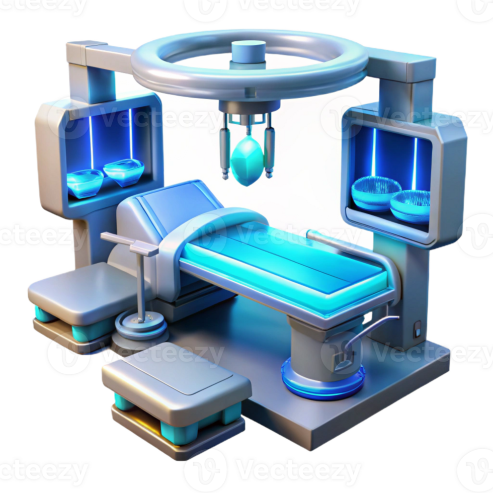 elegant modern A futuristic hospital operating room with holographic displays, sterile blue lighting, medical illustration style authentic png