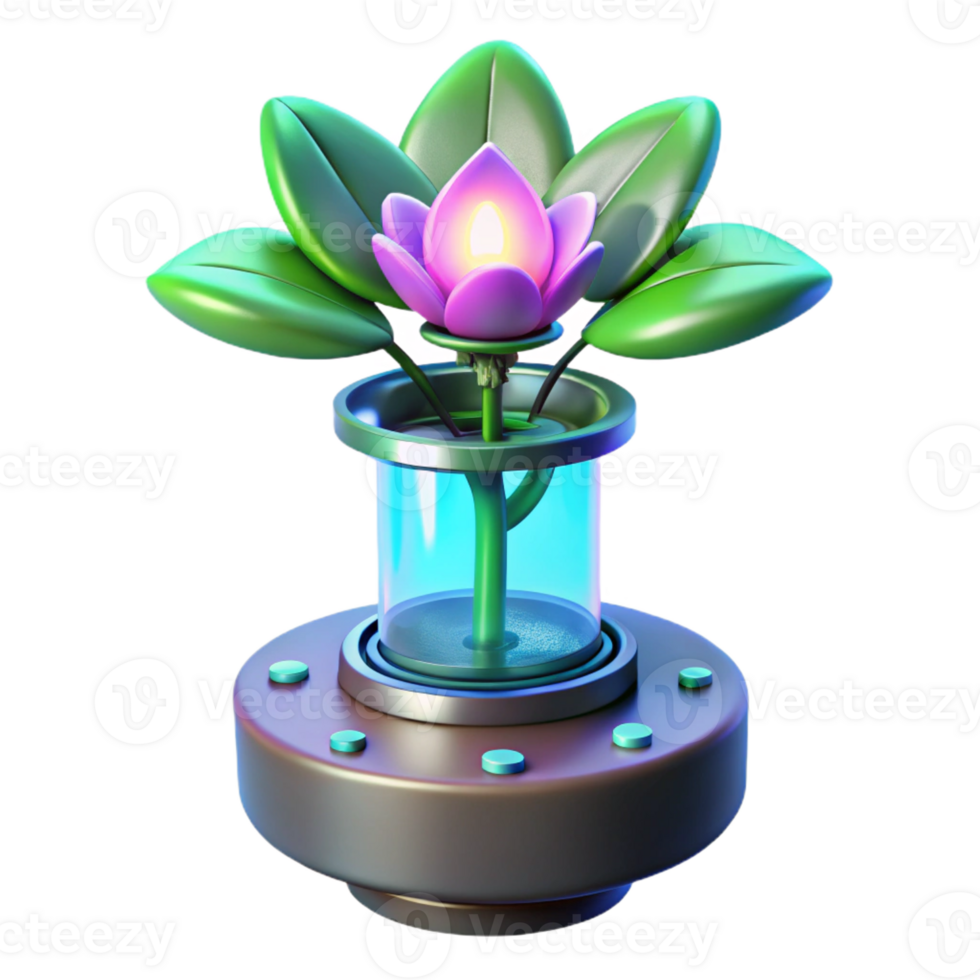 stunning modern A genetically modified plant with luminous, pulsating petals blooms in a sterile laboratory, illuminated by fluorescent lighting. Biopunk, surreal style professional png