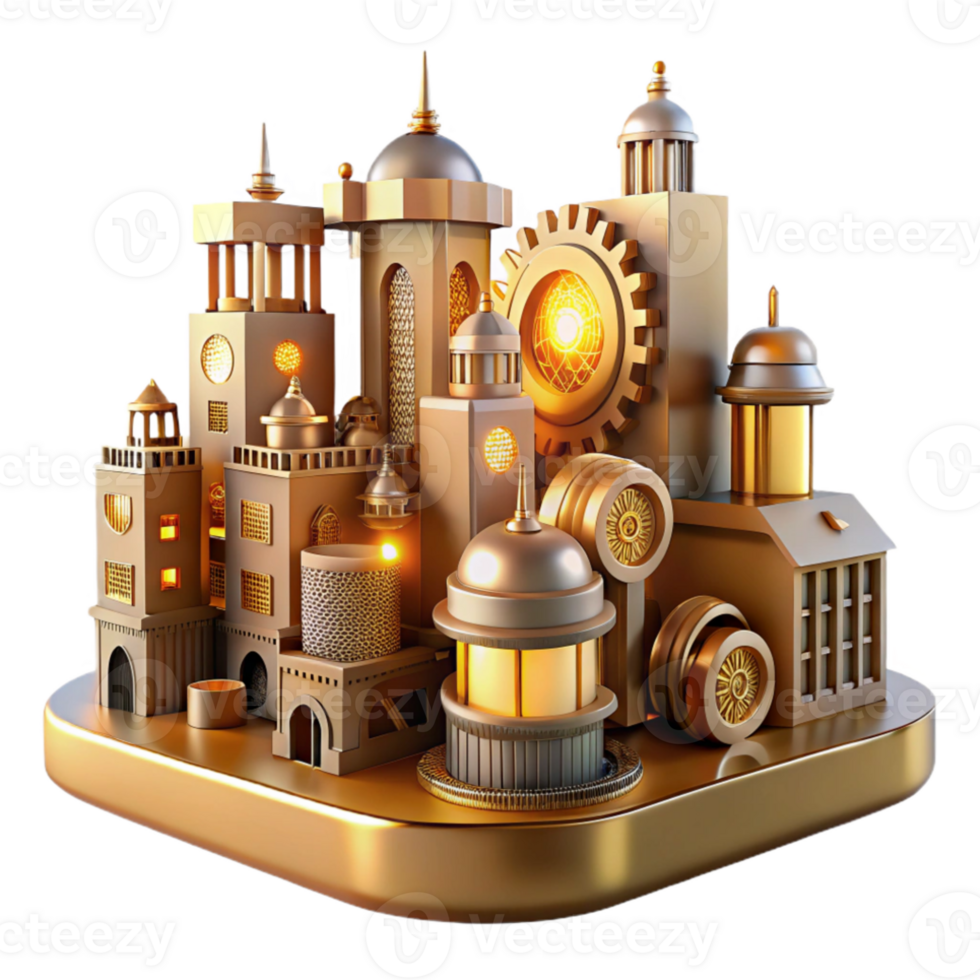 stunning rustic A steampunk cityscape, towering clockwork buildings, cogs and gears visible, bathed in the warm glow of gaslight professional png