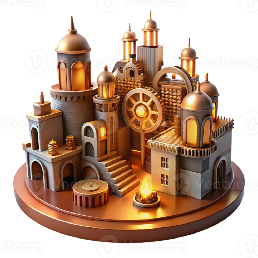 magnificent vintage A steampunk cityscape, towering clockwork buildings, cogs and gears visible, bathed in the warm glow of gaslight 4K png