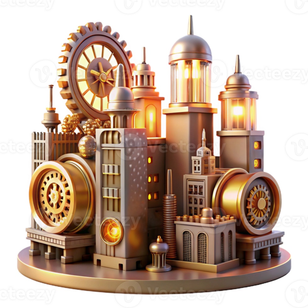 impressive modern A steampunk cityscape, towering clockwork buildings, cogs and gears visible, bathed in the warm glow of gaslight high resolution png