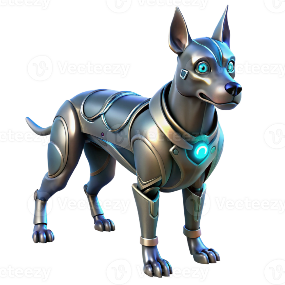 vibrant minimalist A cybernetically enhanced dog with glowing eyes and metallic limbs stands guard in a dimly lit alleyway. Cyberpunk, dystopian style premium png