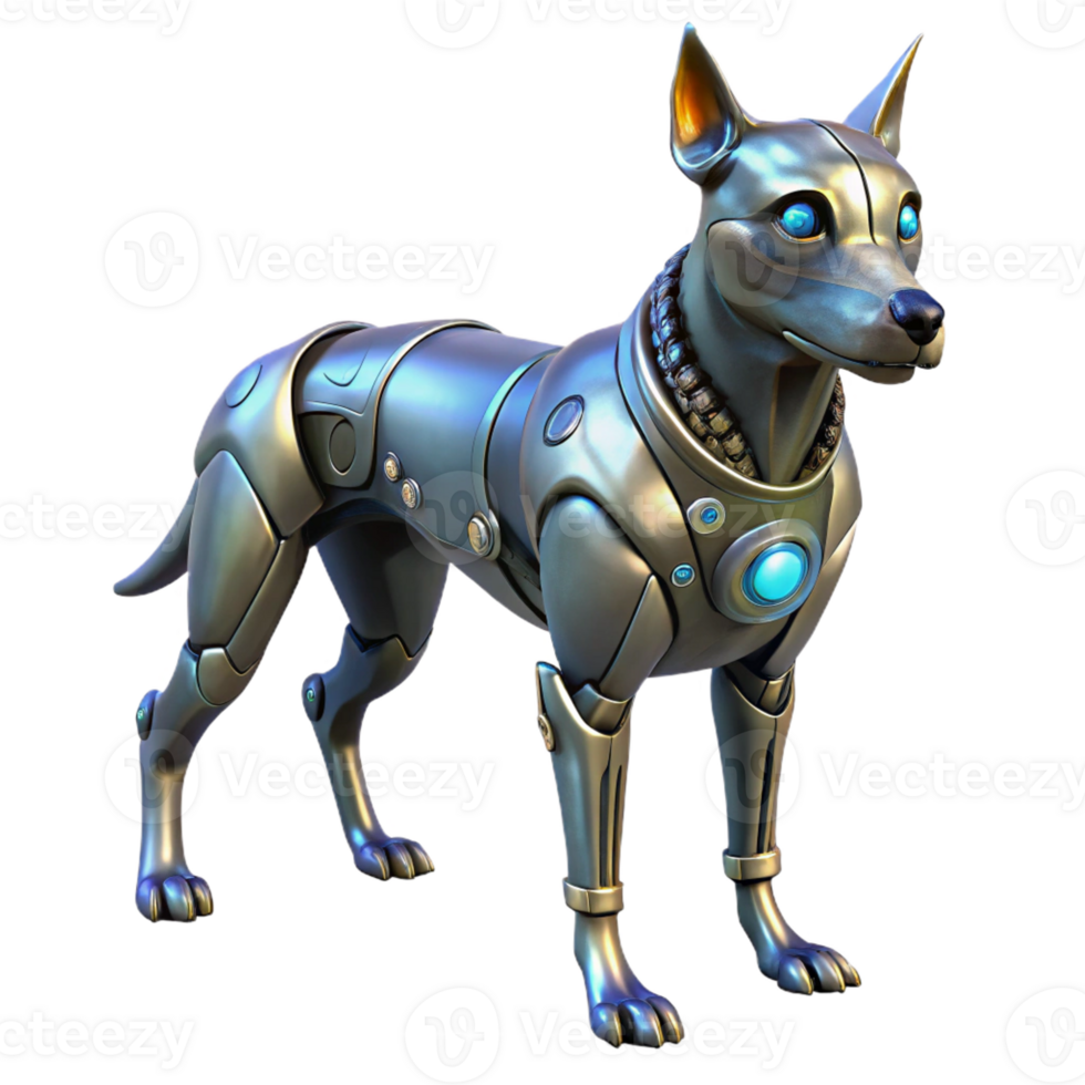 elegant vintage A cybernetically enhanced dog with glowing eyes and metallic limbs stands guard in a dimly lit alleyway. Cyberpunk, dystopian style genuine png