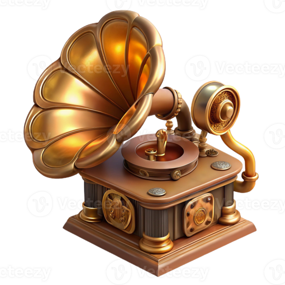 stunning rustic A steampunk gramophone, ornate brass horn and intricate gears, playing a melancholic tune, nostalgic, warm lighting original png