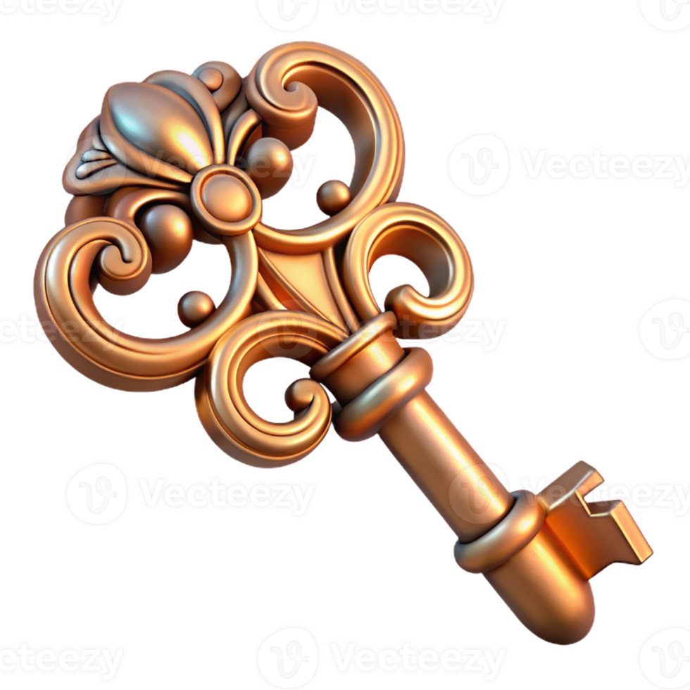 extraordinary traditional An intricate illustration of a vintage key with ornate carvings and a metallic finish, dramatic lighting, fantasy style high resolution png