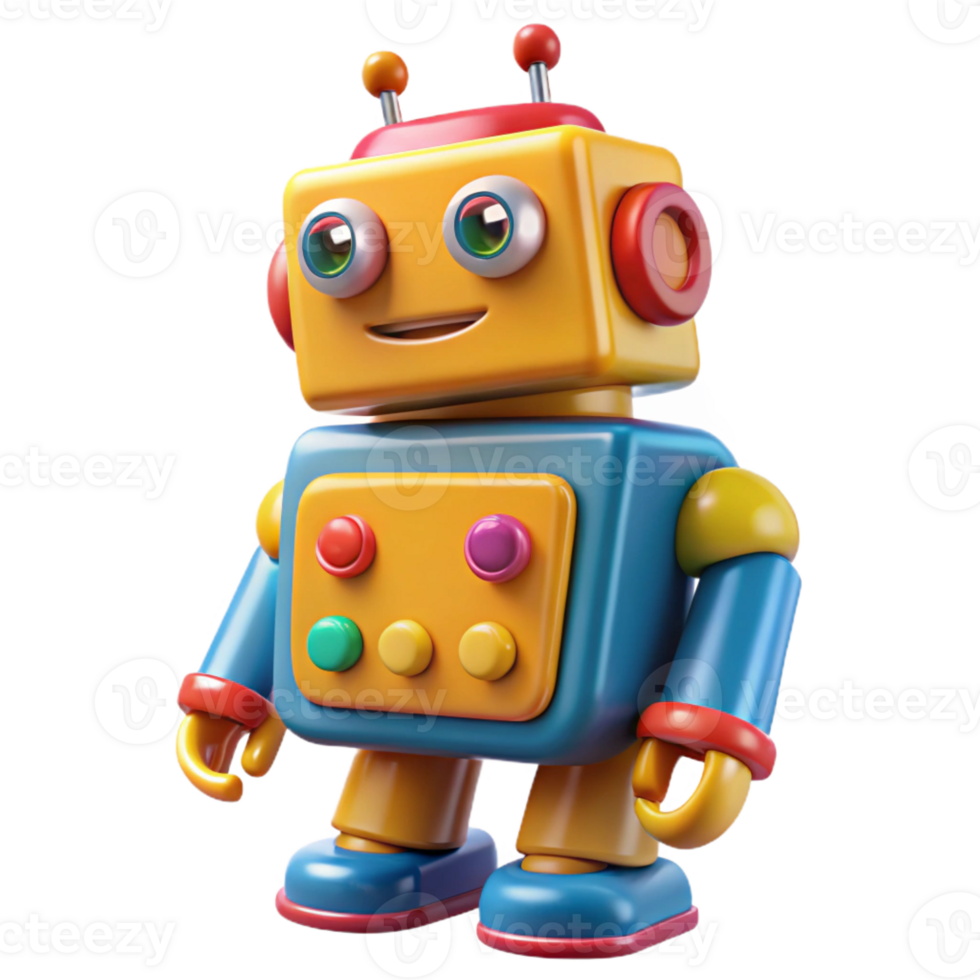wonderful artistic A colorful painting of a vintage toy robot with bright buttons and levers, playful, whimsical lighting, retro-futuristic style detailed png