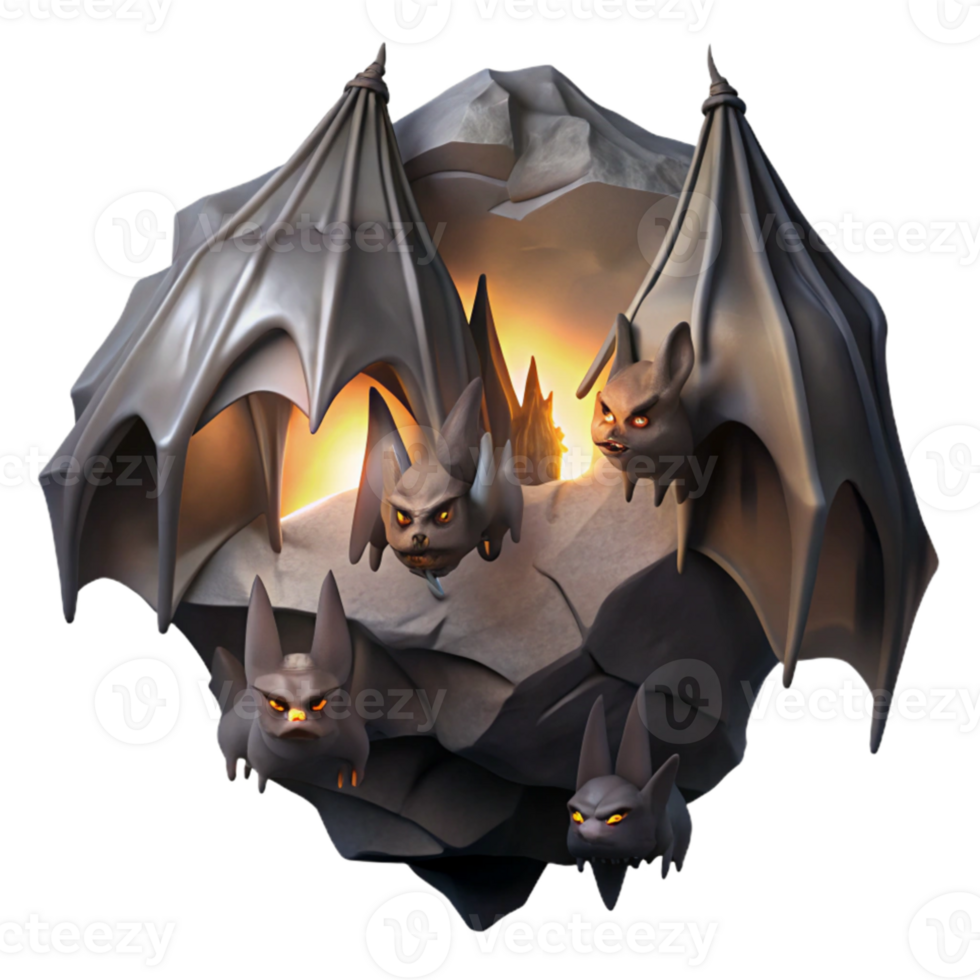 beautiful artistic A colony of bats hanging upside down in a cave, dimly lit, spooky atmosphere, digital painting exclusive png