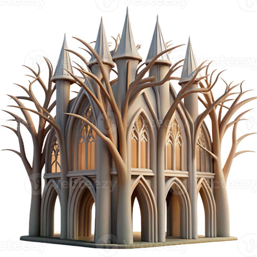vibrant traditional Gothic cathedral made of intertwined tree branches, dappled sunlight, hyperrealistic, high quality png