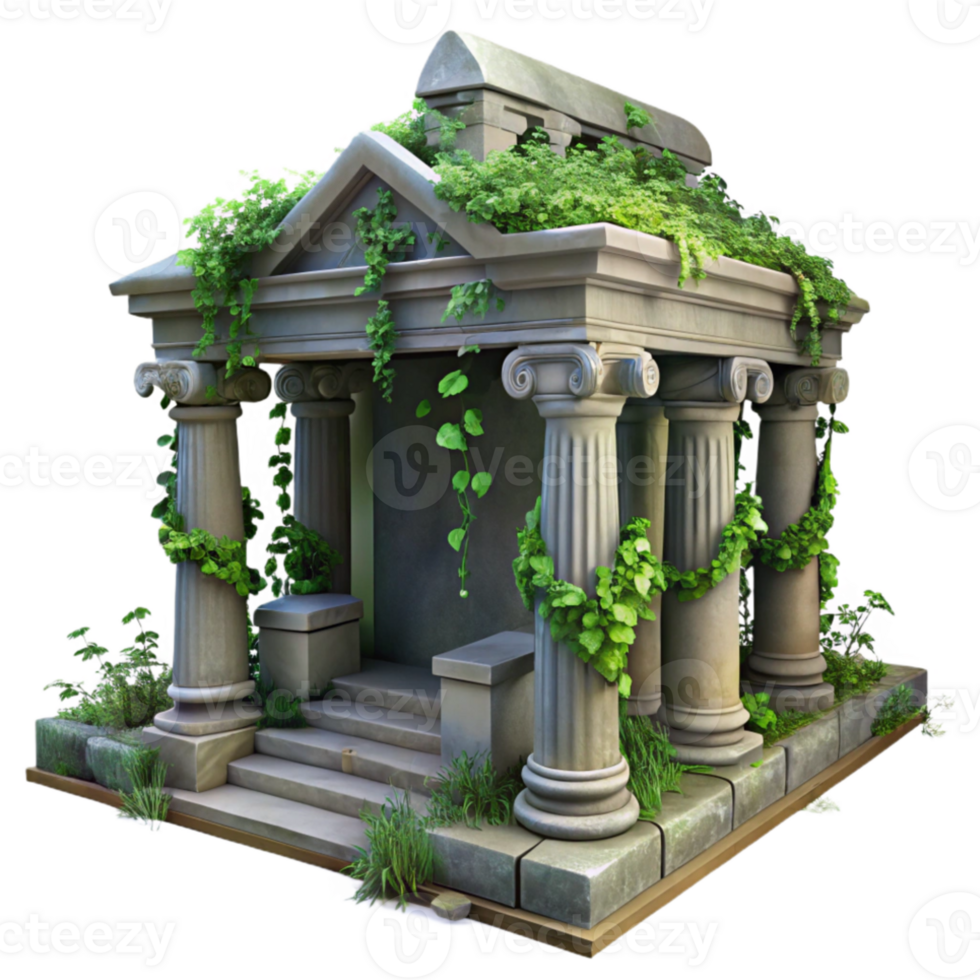 impressive contemporary A crumbling ancient temple overgrown with vines, soft, diffused lighting, mystical, genuine png