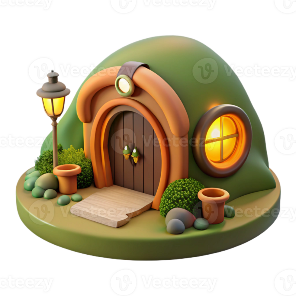 magnificent contemporary A hobbit hole built into a hillside, warm interior lighting, cozy, original png