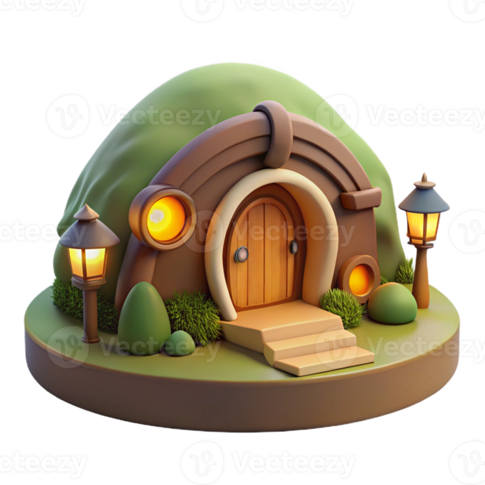 elegant modern A hobbit hole built into a hillside, warm interior lighting, cozy, high resolution png