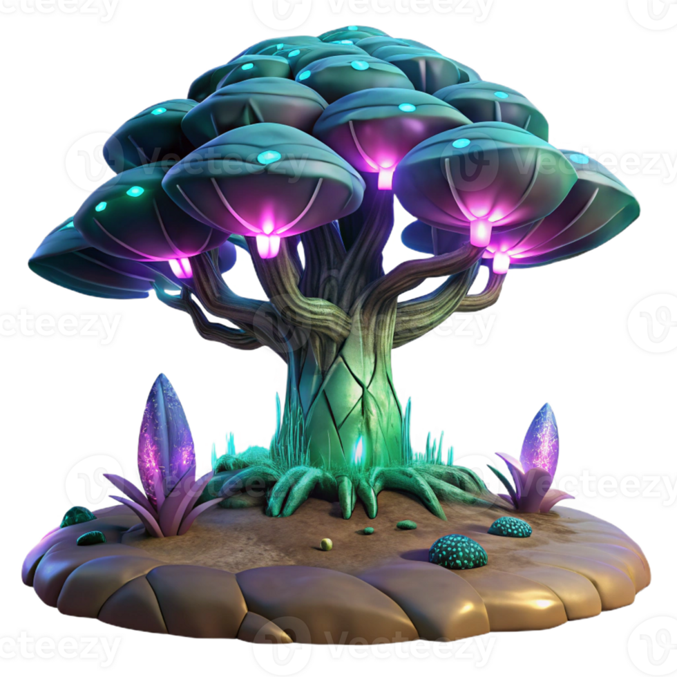 vibrant vintage A giant, bio-engineered tree, with glowing bioluminescent leaves, towers over a desolate alien landscape. Twilight lighting, fantasy art style high quality png