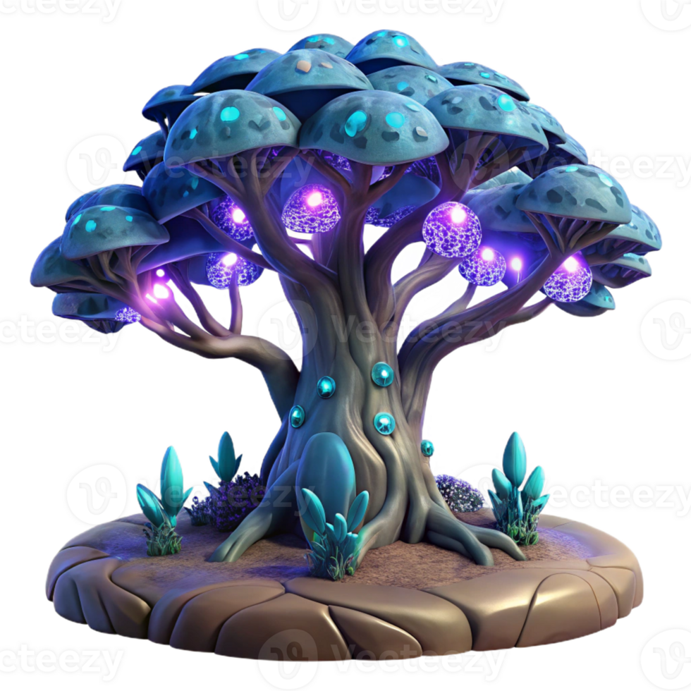 extraordinary creative A giant, bio-engineered tree, with glowing bioluminescent leaves, towers over a desolate alien landscape. Twilight lighting, fantasy art style high quality png