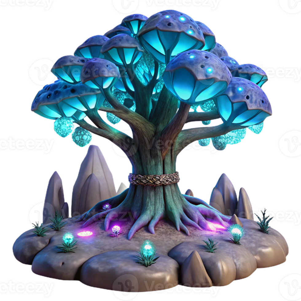 impressive abstract A giant, bio-engineered tree, with glowing bioluminescent leaves, towers over a desolate alien landscape. Twilight lighting, fantasy art style genuine png