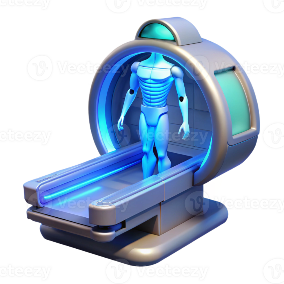 impressive artistic A futuristic medical scanner, with glowing blue beams and transparent panels, displaying a holographic image of a human body. Cool, sterile lighting, photorealistic style original png