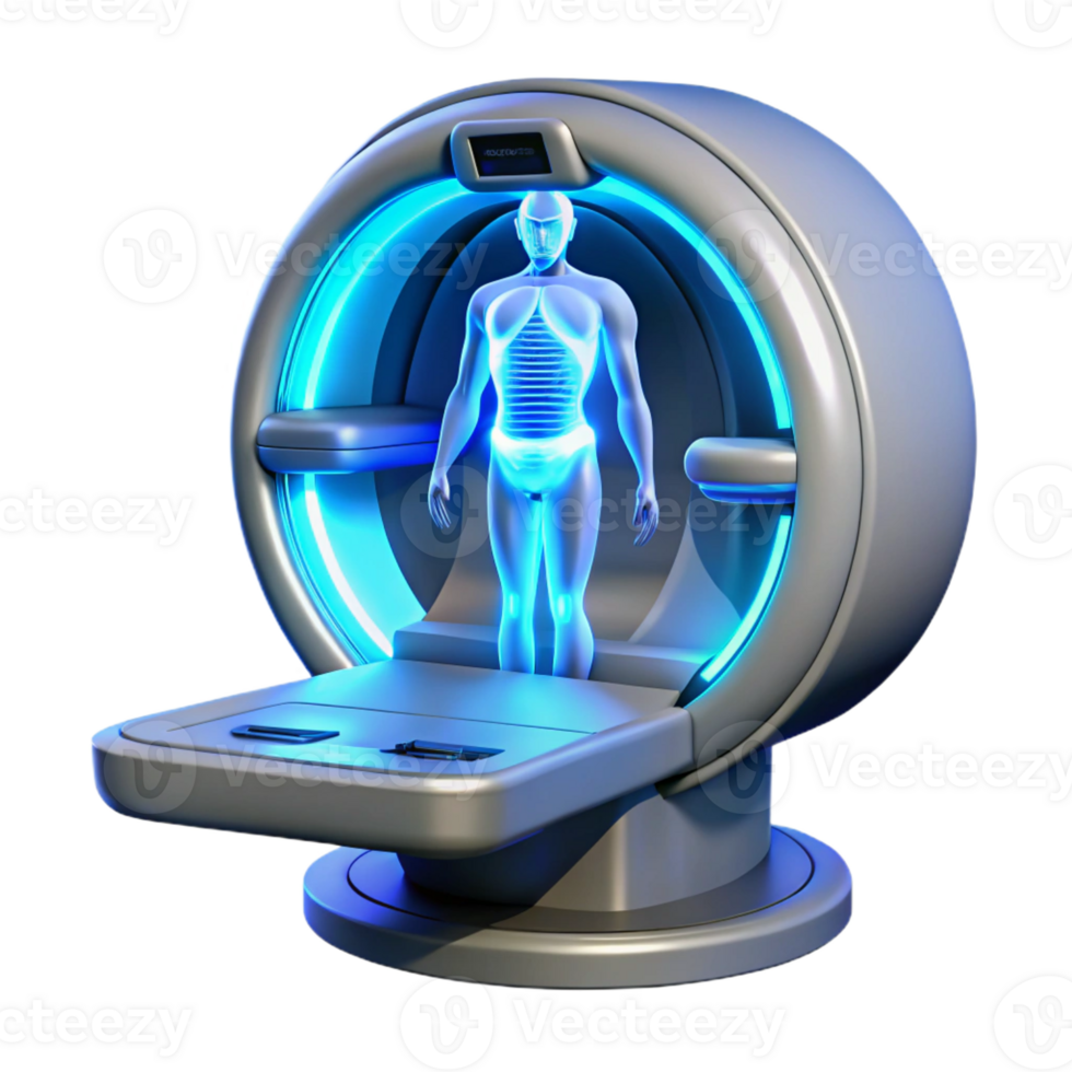 dramatic classic A futuristic medical scanner, with glowing blue beams and transparent panels, displaying a holographic image of a human body. Cool, sterile lighting, photorealistic style original png