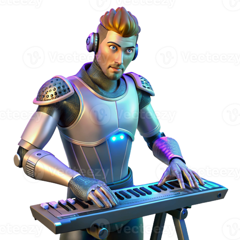 dramatic modern A cyborg musician, with glowing cybernetic implants and intricate tattoos, playing a futuristic instrument. Stage lighting, cyberpunk style exclusive png