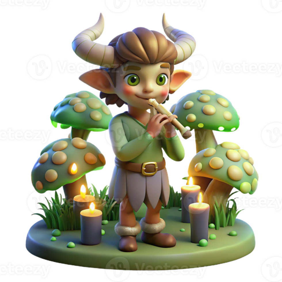 elegant vintage A playful satyr, with a mischievous grin, playing a pan flute, surrounded by fireflies, under a canopy of glowing mushrooms. Fantasy art style authentic png